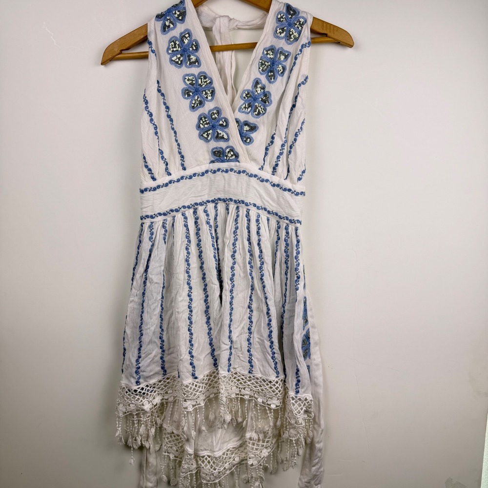 POL Cream Blue Halter Dress Floral Embroidered Sequin Fringe Crochet Boho L